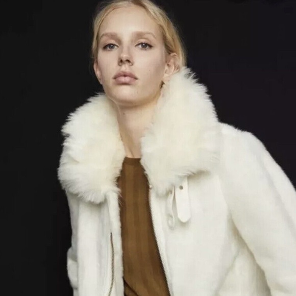 Zara Jackets & Blazers - Zara Off White Faux Fur Aviator Biker Jacket XS